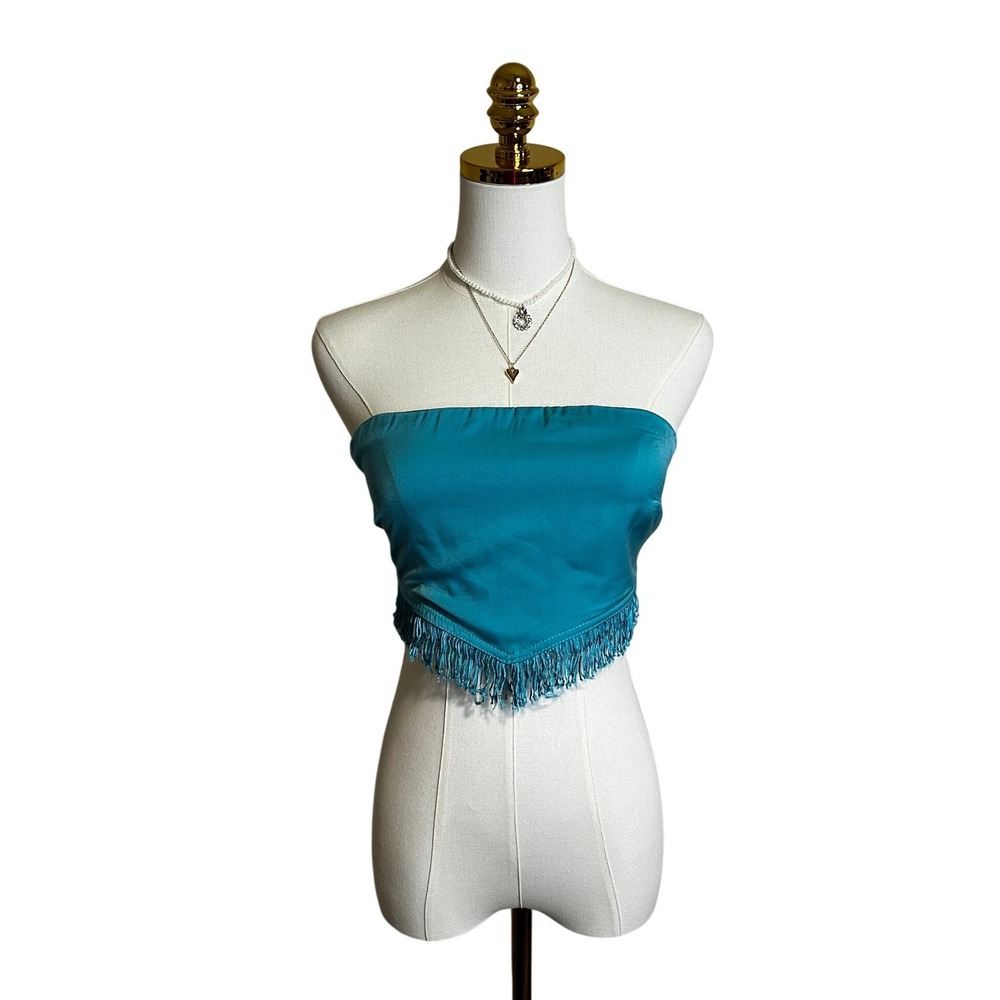 Pretty Garbage Teal Satin Fringe Bandeau Tie Back Crop Top PST131 Mens M